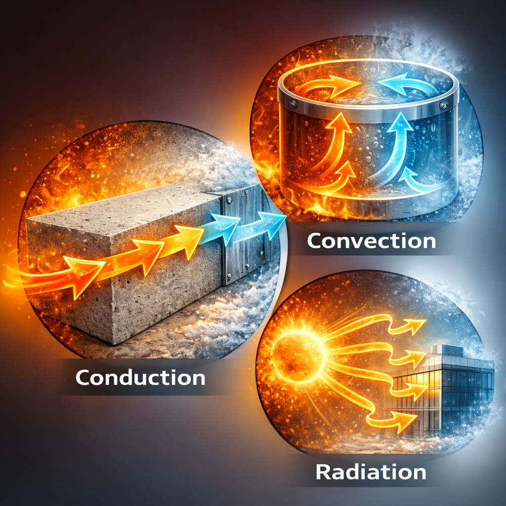 Schéma des transferts thermiques : conduction, convection, rayonnement